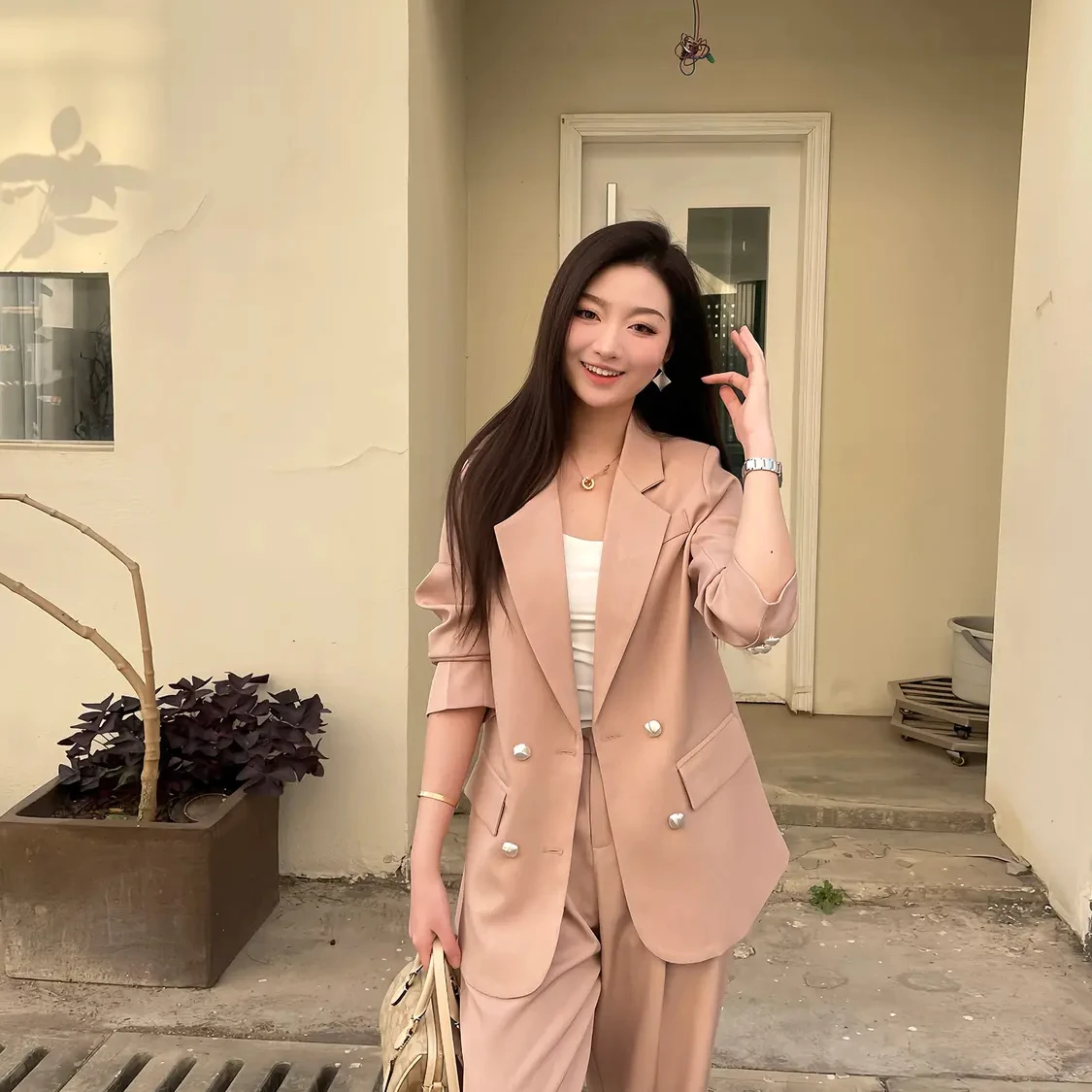 

2025 Autumn Women's Turn-down Collar Coat Button High Waist Loose Casual Pants Set Lined Fleece Woman's Clothing Street