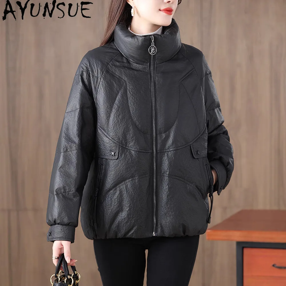 AYUNSUE 양피 정품 가죽 자켓 여성 2025 겨울 의류 90% 화이트 오리 다운 여성 코트 루즈 피트 Jaqueta De Couro