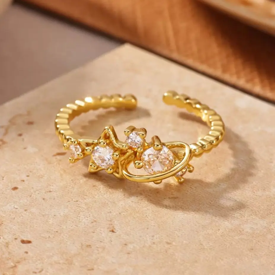 Zirkon-Sternringe für Frauen, 18K vergoldeter Edelstahl, geometrischer Sternring, ästhetischer Hochzeitsschmuck, Geschenk.