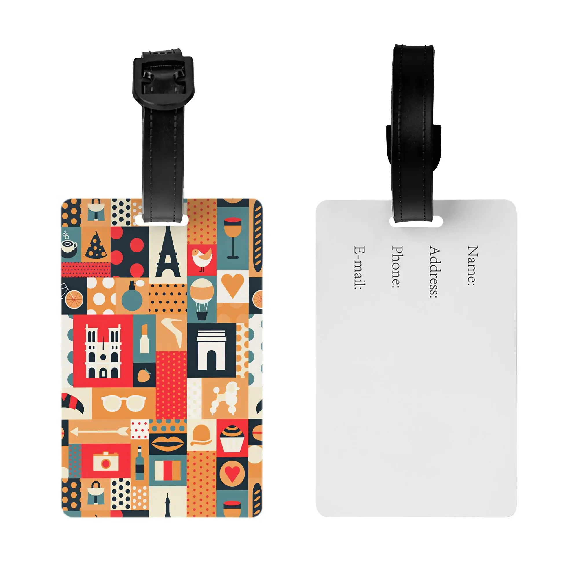 Geometric Paris Retro Travel Patchwork Luggage Tag for Suitcases Cute  Baggage Tags Privacy Cover ID Label