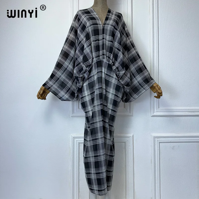 WINYI-Robe classique à carreaux pour femmes, col en V, imprimé écossais, robe de plage, Kaftanabaya, Dubaï, luxe