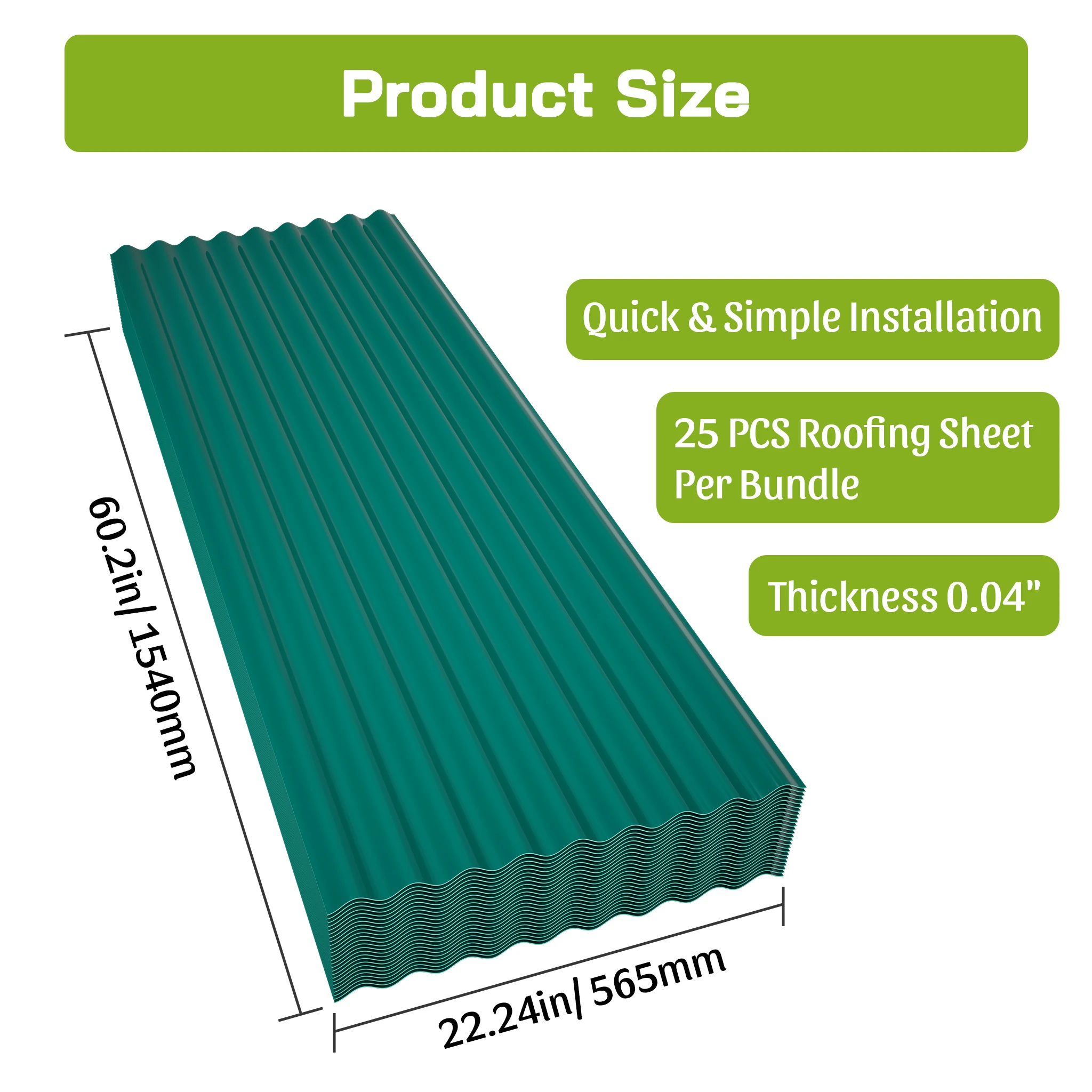 25 Pcs 0.04 in ASA Corrugated Roof Panels Waterproof UV Resistant Weatherproof Green for Shed Garage Patio