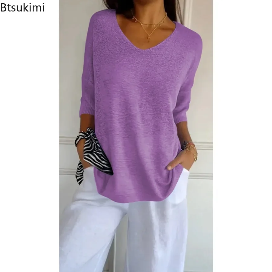 2024 Women\'s Casual Thin Knitted Sweater Tops Loose V Neck Simple Tops Pullover Solid Half Sleeve Loose Bottoming T-shirts Tops