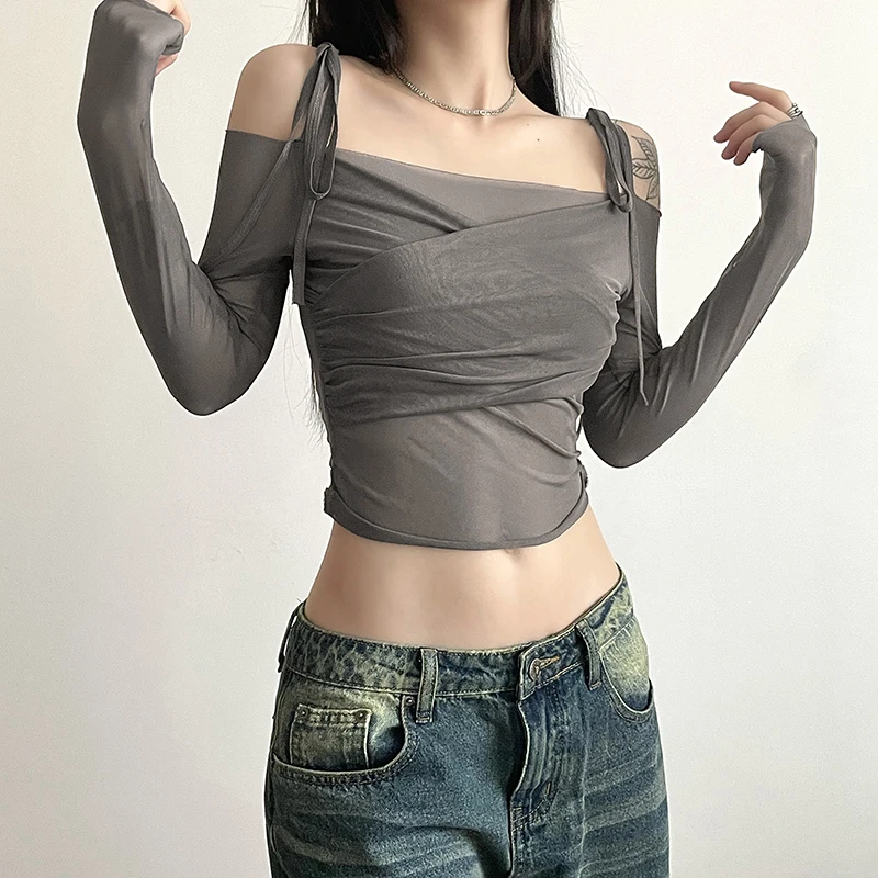 Designer Super Simple Pure Color Mesh Patchwork Cold-Shoulder Top Hot Girl Style Navel All-Match Long Sleeve T-shirt