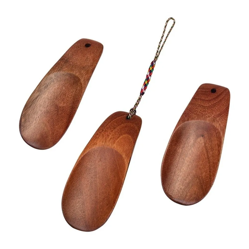New Mini Wood Shoe Horn Solid Wood Curved Shape Shoe Lifter Braided Lanyard Polished Surface Shoe Helper Outdoor Trip