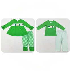 Wholesale Baby Boy Girl St. Patrick's Day Green Long Sleeves Embroidery Clover Shirt Toddler Kids Outfit Pants Children Set