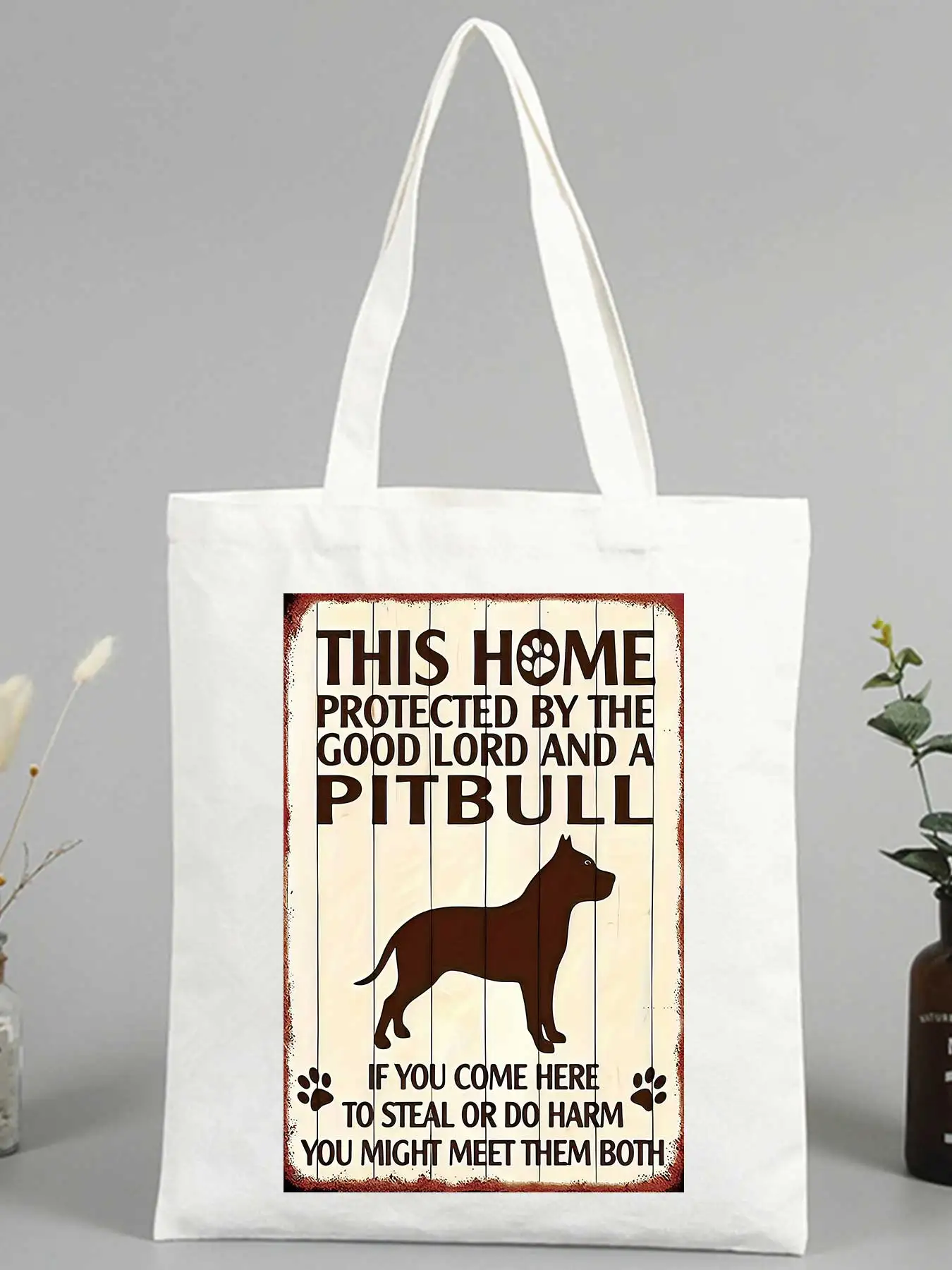 Women's canvas tote bag with dog graphic and slogan-style print, vintage design for casual daily use