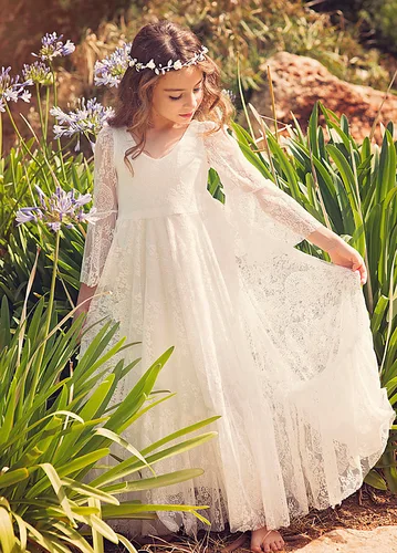 Vestido de novia de flores para niña, vestidos largos de encaje de princesa para niña, vestido de boda bohemio para fiesta de cumpleaños de verano para 2-14 años