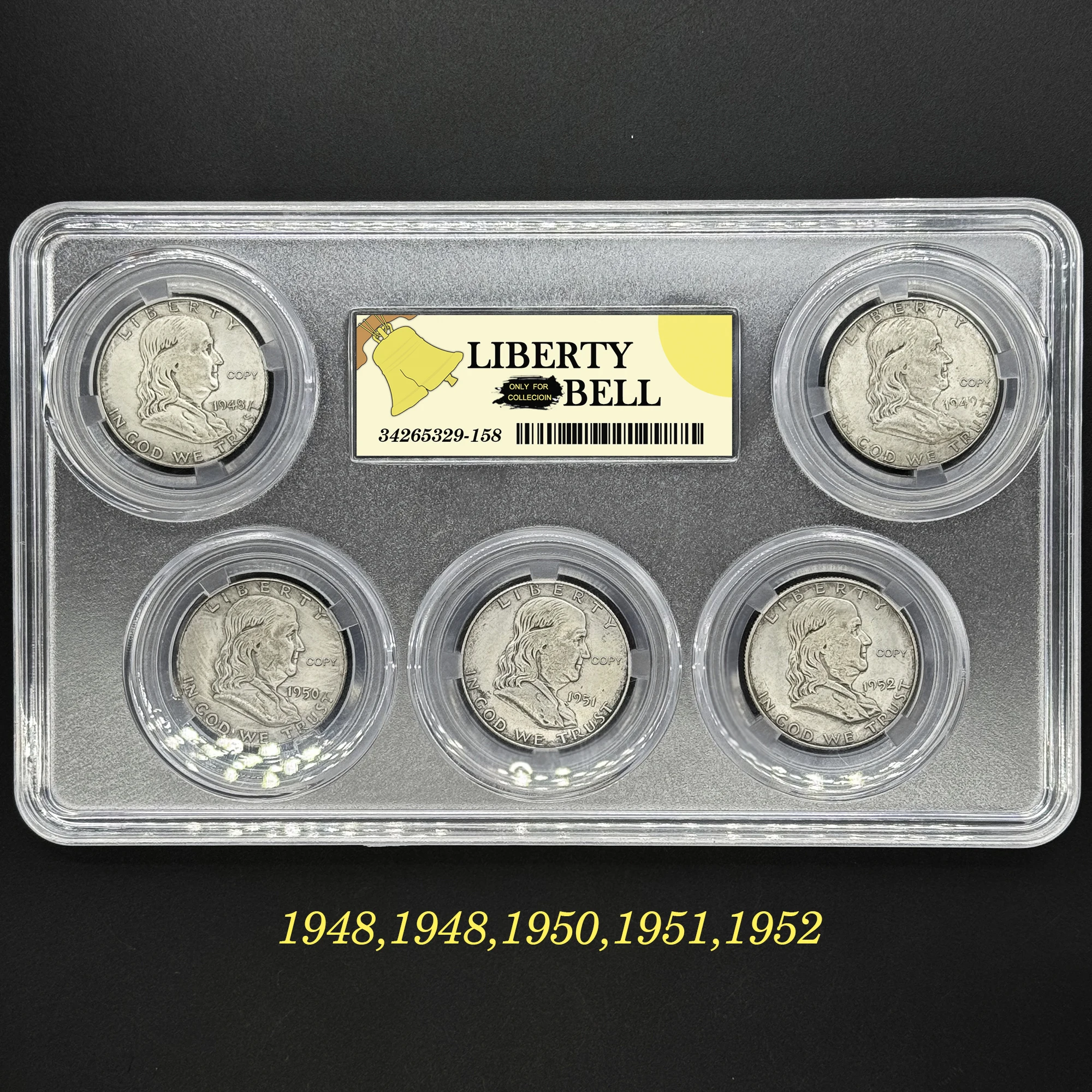 5pcs/Set US 1948-1962 Franklin Liberty Bell Box Antique Commemorative Coins, Replica Half Dollar Old Money, Collectors' Gift