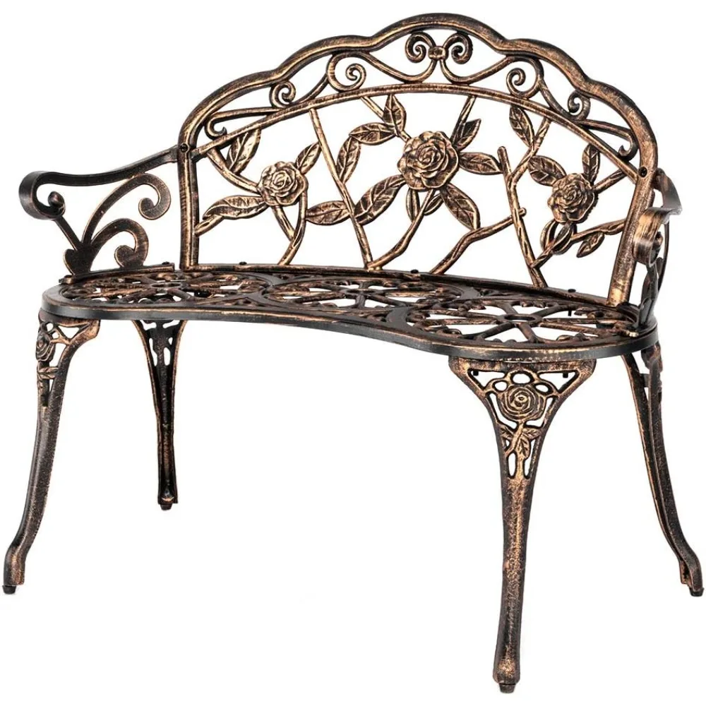 

38.5 Patio Park Garden Outdoor Metal Rose Bench, Cast Iron Cast Aluminium Frame Antique Finish Chair, Accented Lawn Front P