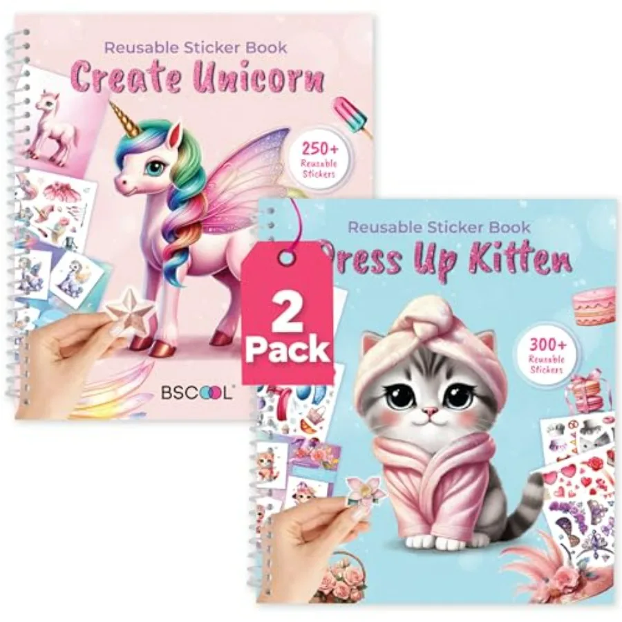 

Reusable Sticker Book Set for Girls Unicorn and Kitten Activity Books, 2 Pack with 550+ Reusable Stickers for Creative Play and