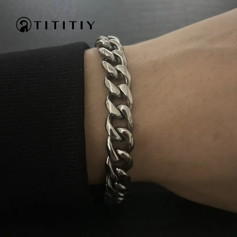 

New Pure Titanium Bracelet 10.5mm Polished Six Sided Lightweight Anti Allergy Cuban Chain Fashion Trend Unisex Style Good Gift