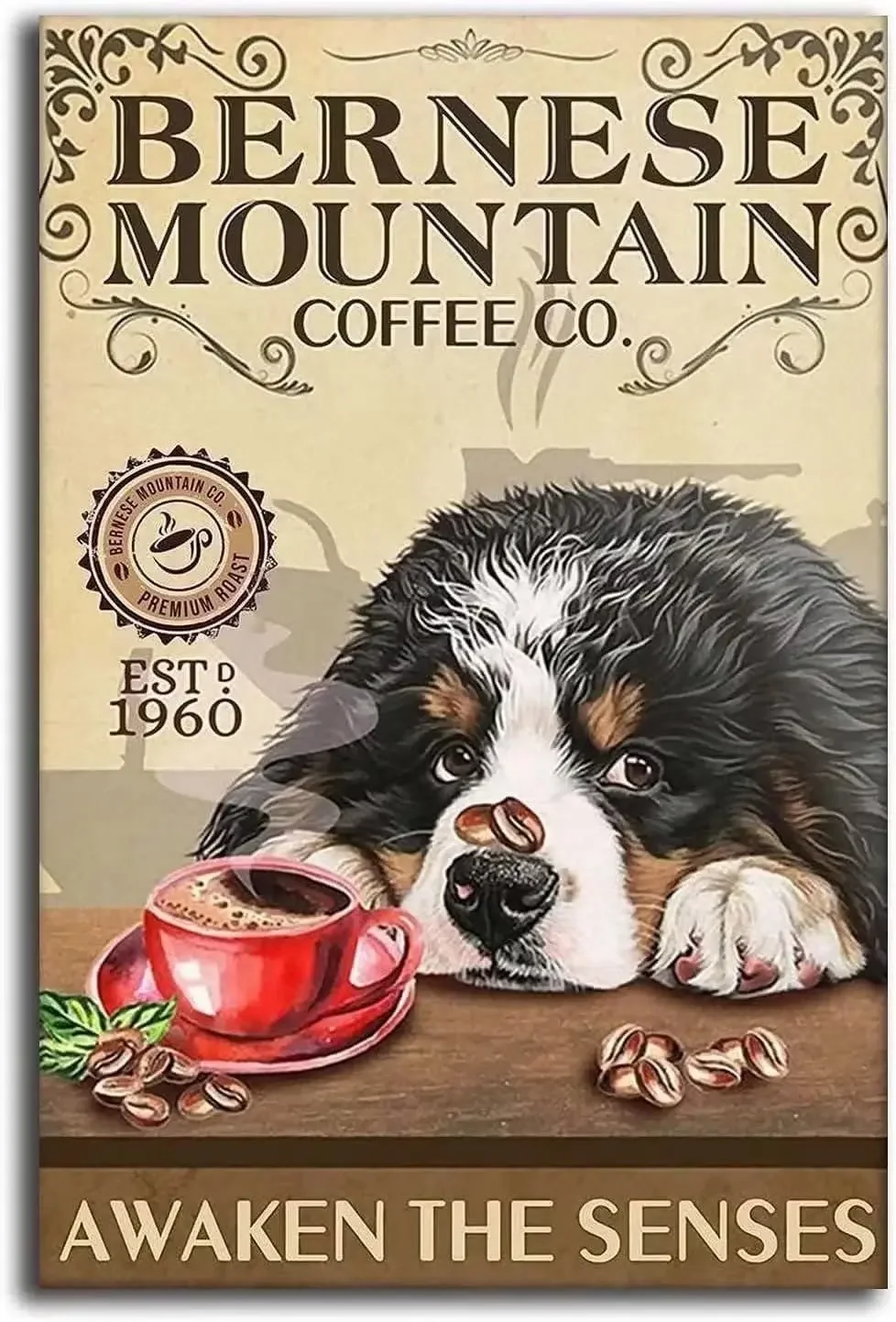 Bernese Mountain Metal Tin Signbernese Mountain Coffee Co. Awaken The Senses Funny Poster Cafe Living Room Bathroom Kitchen Home