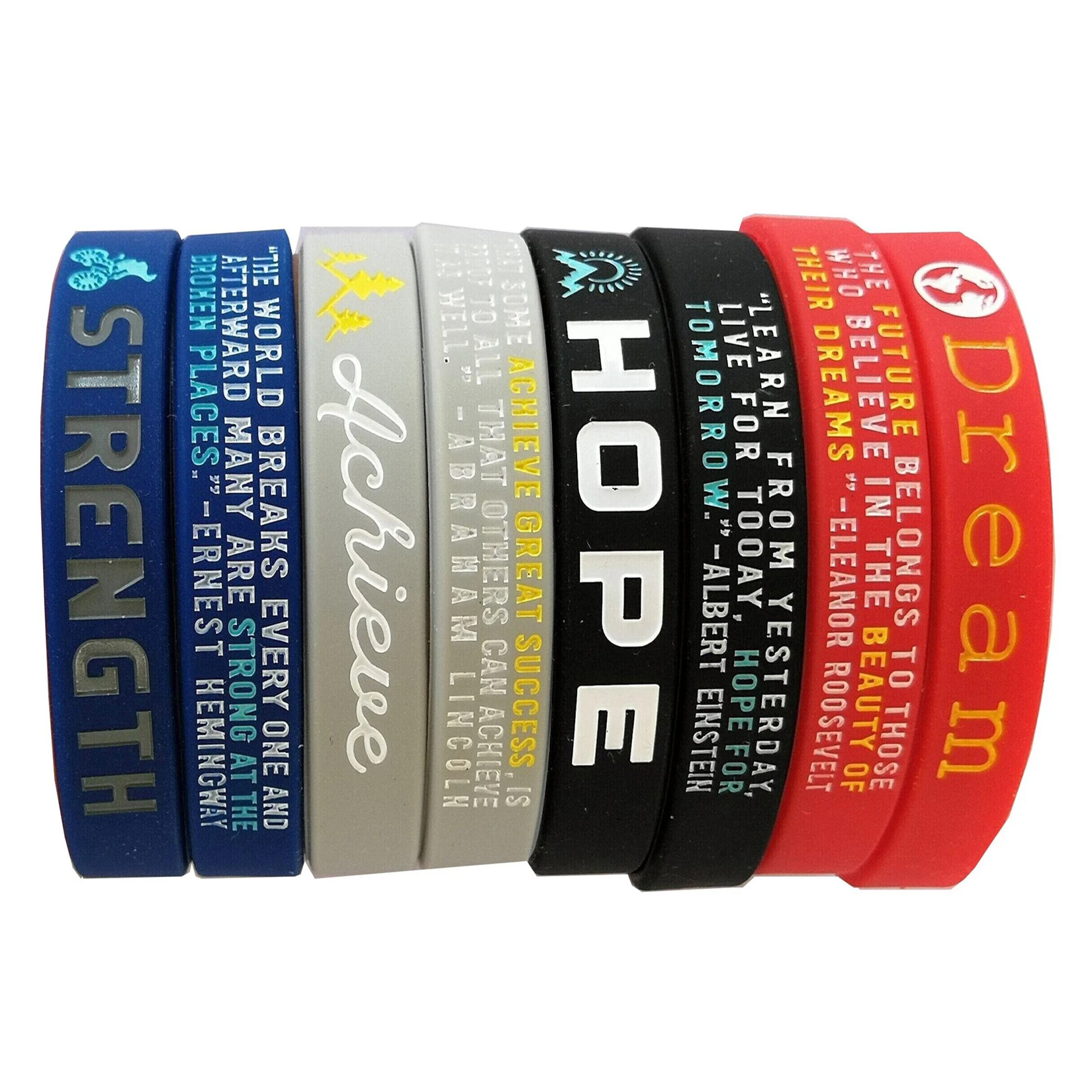 (12-Pack) Dream, Hope, Achieve, Strength Motivational Quote Bracelets Silicone Rubber Wristbands Inspirational Gifts