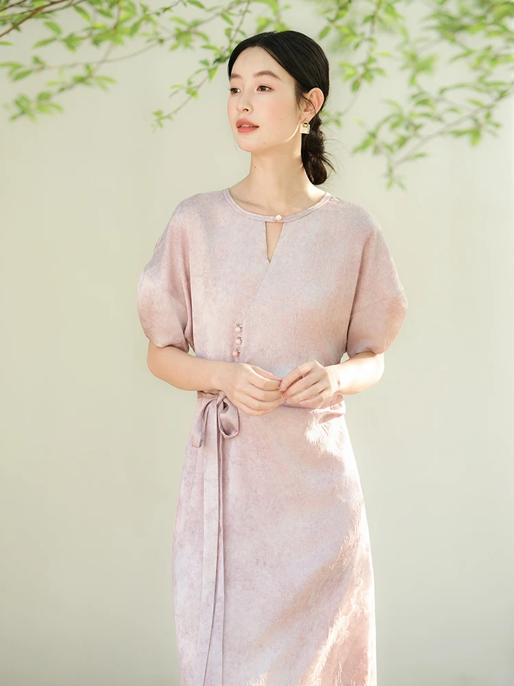 

ibai Новое китайское платье с коротким рукавом, градиентным цветом, тканым узором и завышенной талией, уникальное и красивое женское платье