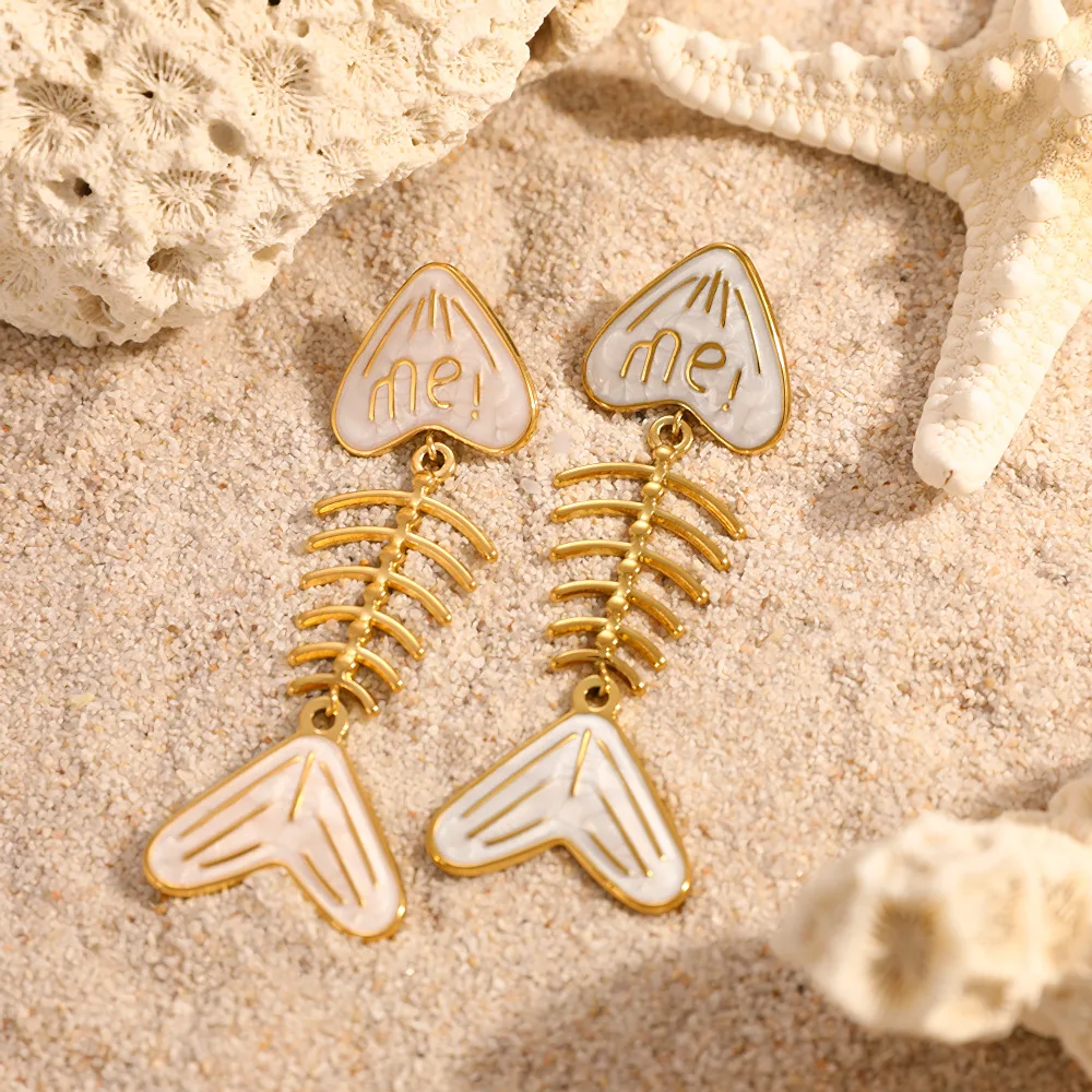 

Women's Gold-Plated Stainless Steel Earrings Cute Fishbone Design with Oil Drip vintage style Jewelry Gift