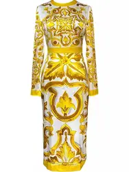 Runway Autumn Sundress Golden Long Sleeve Pencil Floral Dress Women Yellow Red Blue White Porcelain Midi Vestidos Print Robe