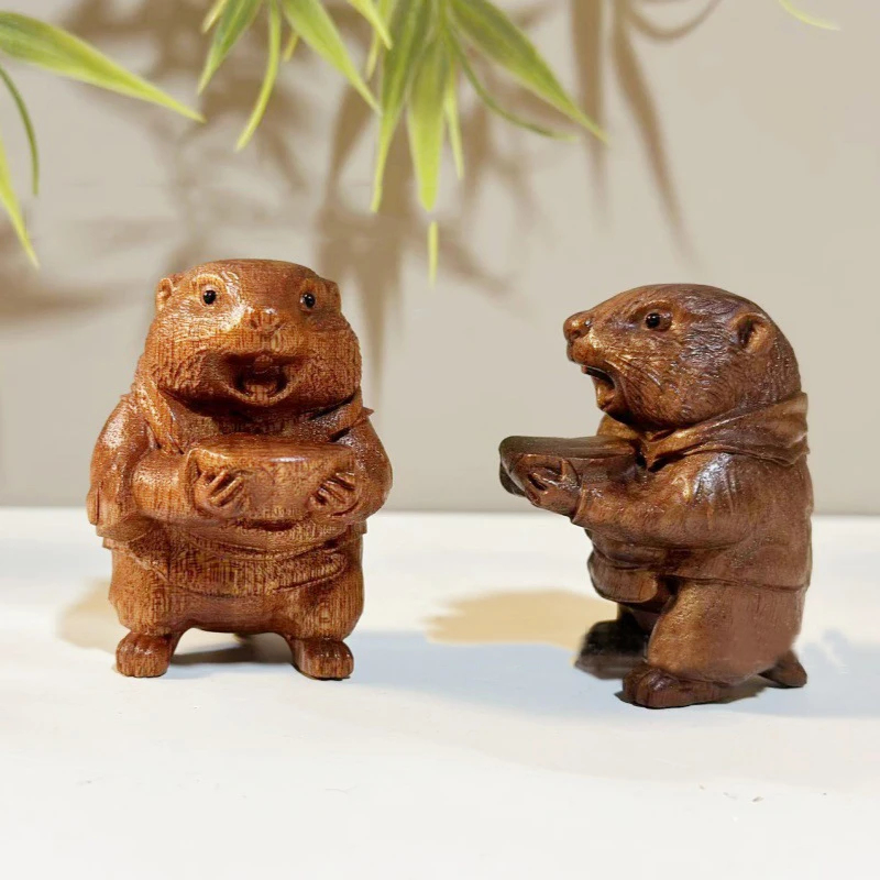 Shabili Woodcarving Groundhog Desktop Ornament Mini Cute Mouse Nezha Animation Periphery Souvenirs, Home Decoration, As a Gift