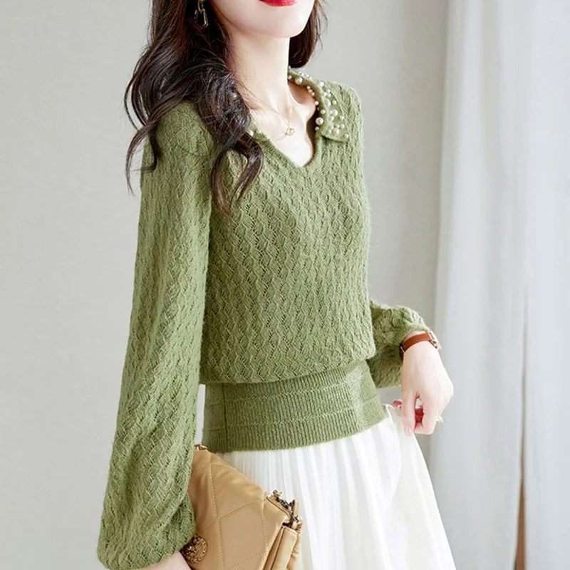 Korean Fashion Beading Lapel Knitted Blouse Women Clothing Autumn Winter Commuter All-match Solid Color V-Neck Long Sleeve Shirt