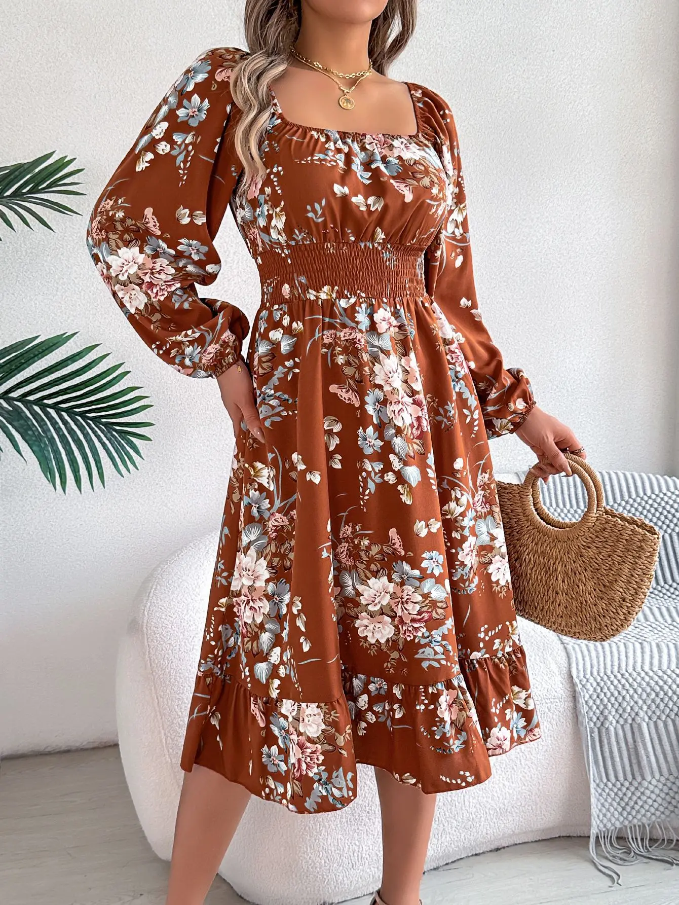 

Elegant Printed Dress Fashion Square Collar Long Sleeves High Waist Ruffle Spliced ​​midi Dress Spring New Women's Clothing
