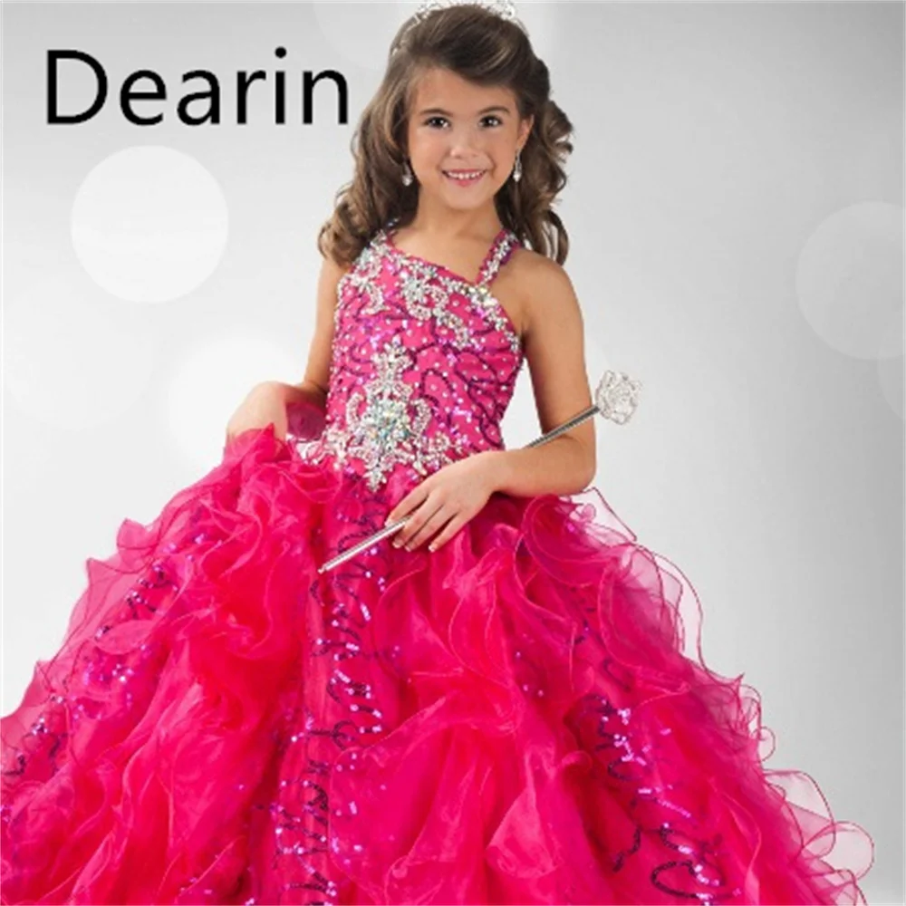 

Customized Flower Girl Dress Dearin Halter A-line Floor Length Skirts Tulle Dresses