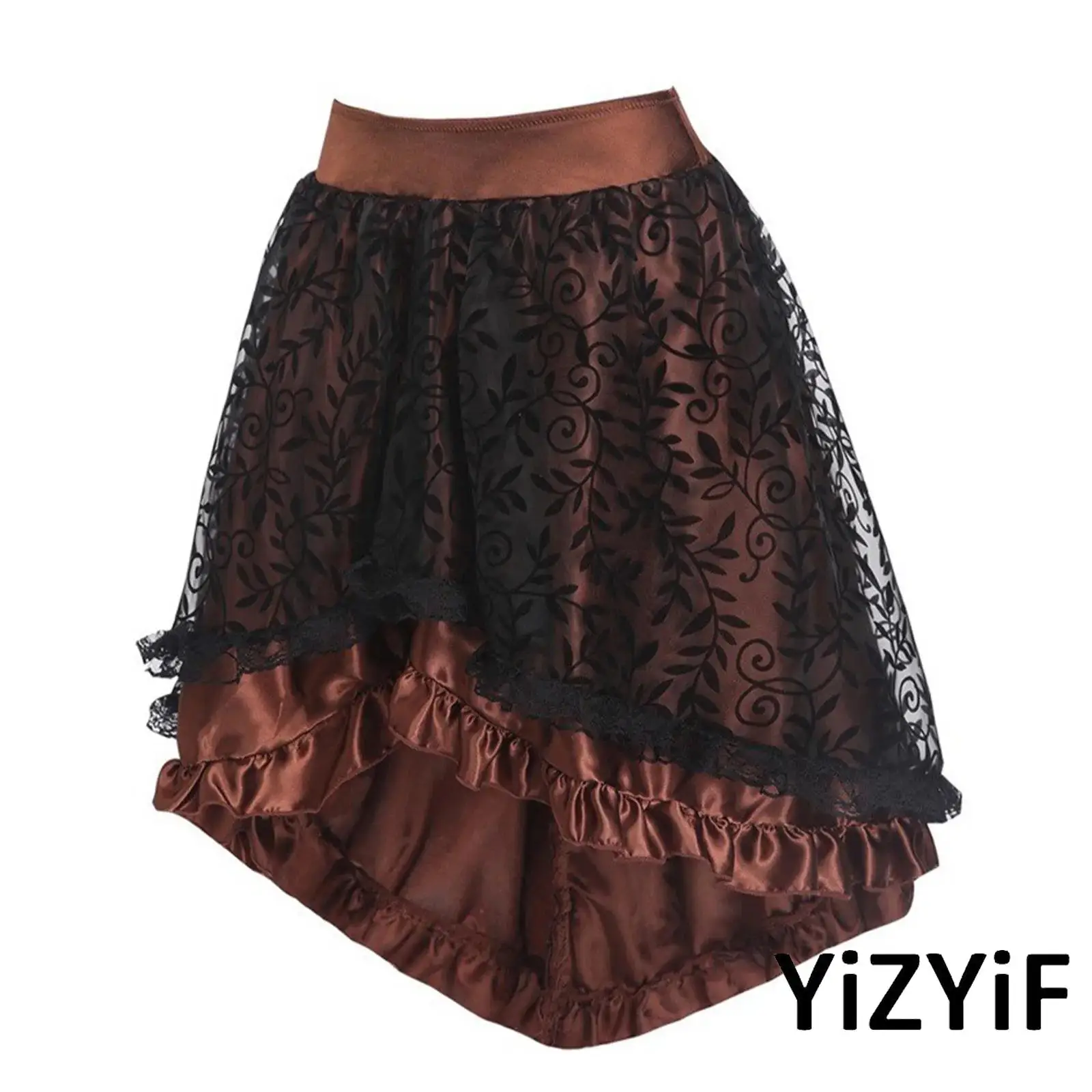 

Womens Lolita Style Medieval Gothic Skirt Velvet Flocked Mesh Ruffled Trim High-low Hem Skirt Victorian Vampire Roleplayskirt