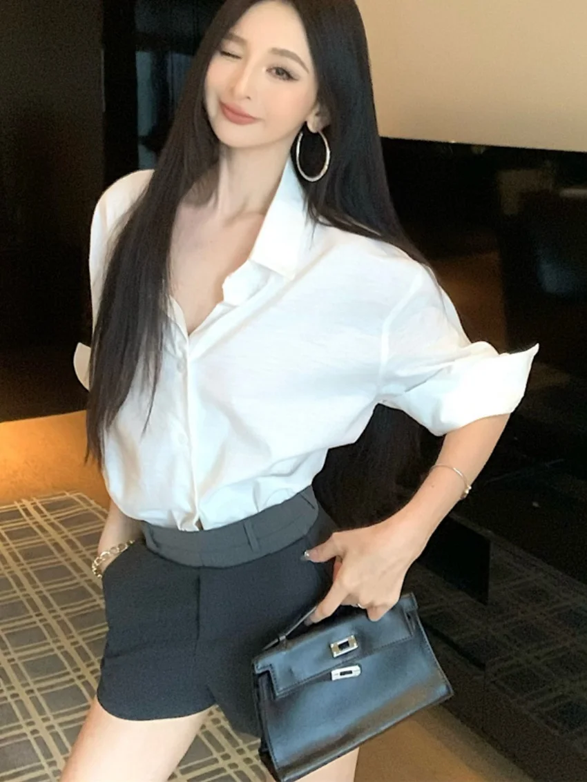 Alien Kitty 레트로 슬림 셔츠 여성 미니멀리스트 Office 레이디 하이 웨이스트 스트리트웨어 반바지 Daily All Match Fashion New Summer