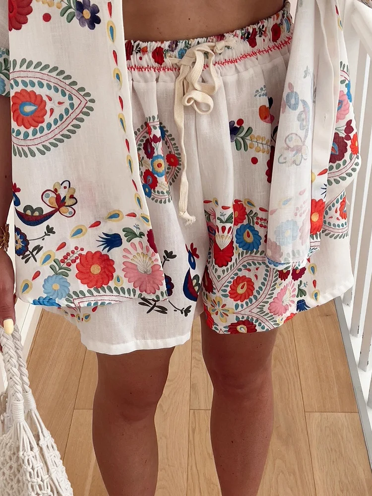 여성 가디건 탑 반바지 투피스 세트, 여름 휴가 패션 반팔 시크 의상, 2025 프린트 밴딩 여성 정장