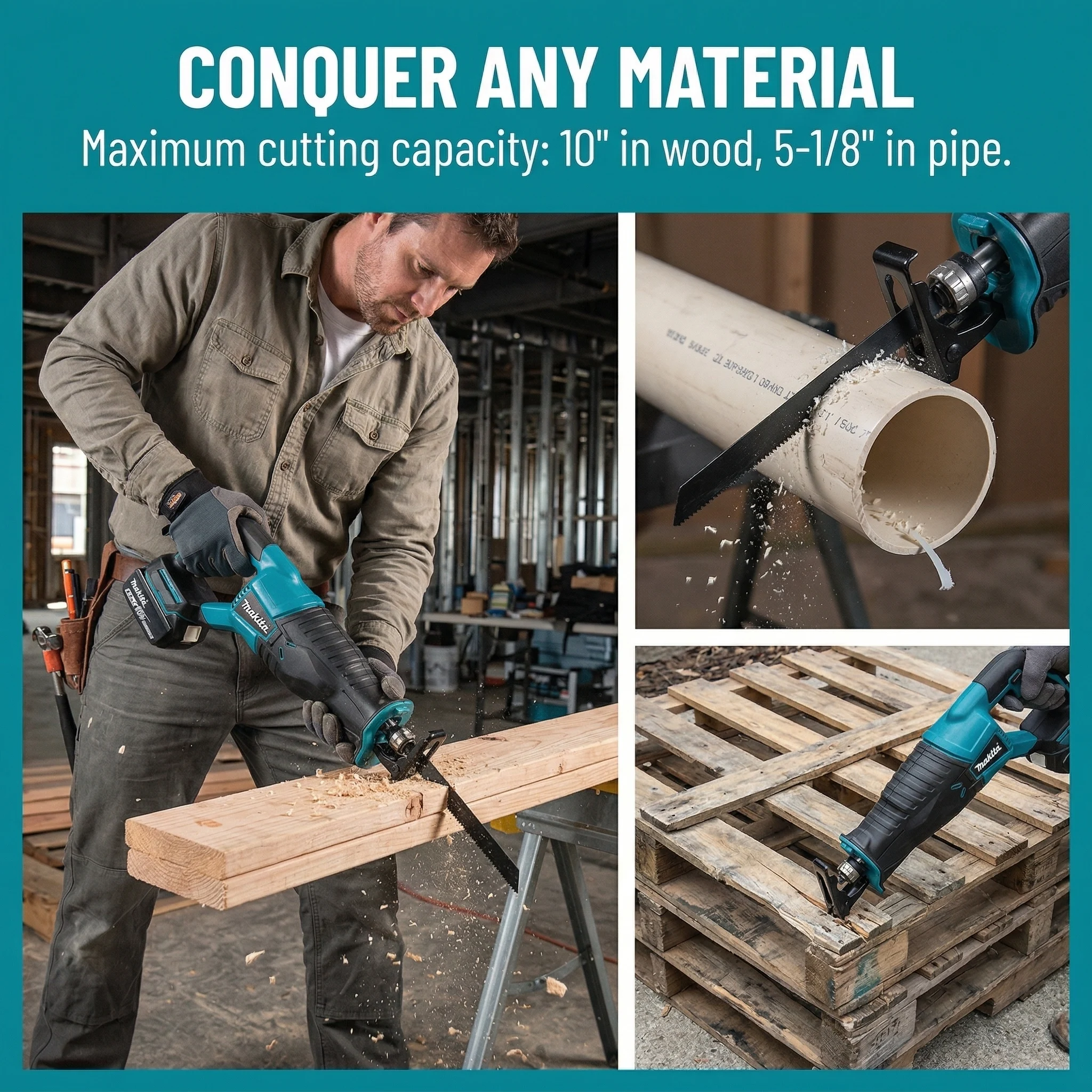 Makita 18V Brushless Cordless Reciprocating Saw Portable Power Tool with 4 Saw Blades for Wood Metal and Pipe Cutting
