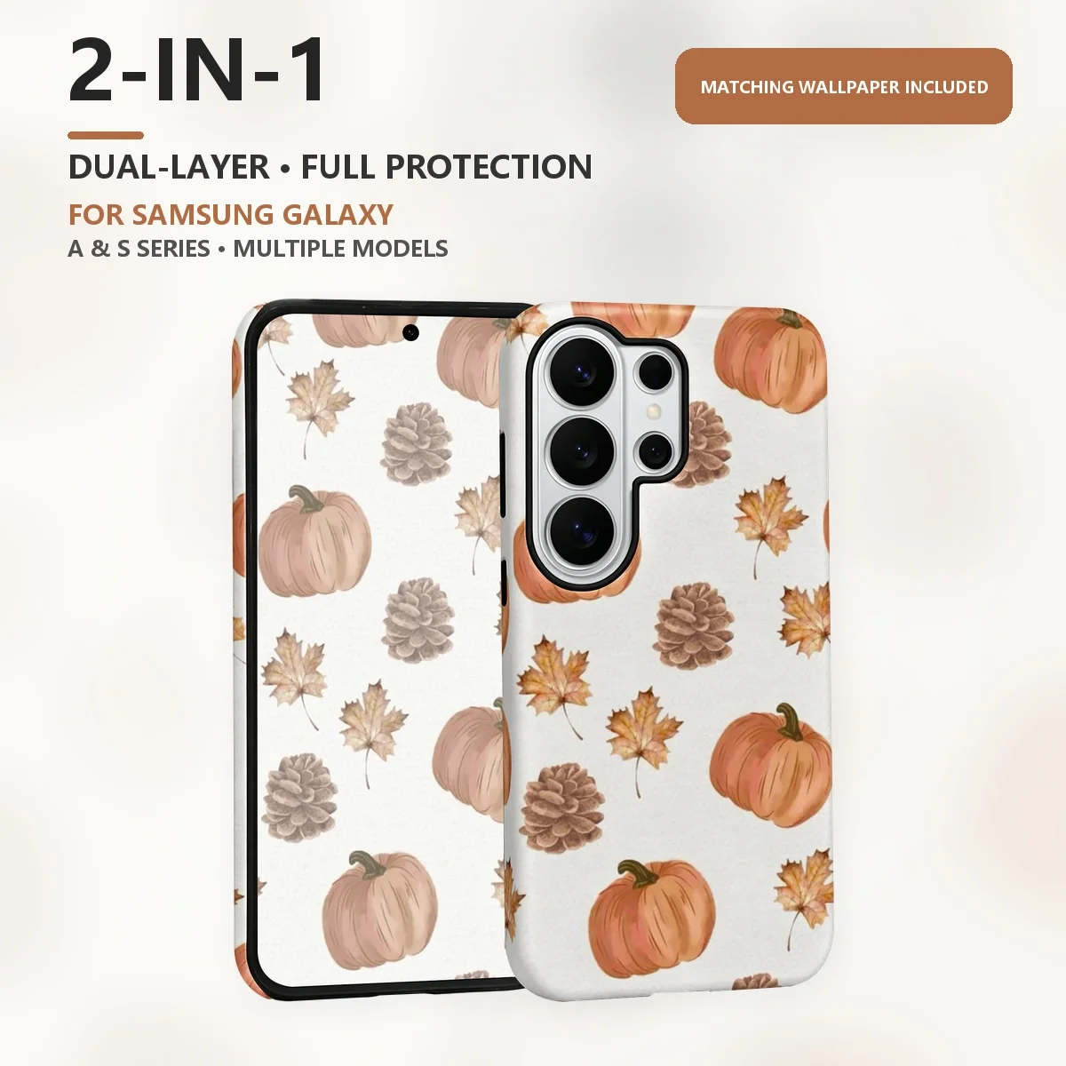 Autumn Pumpkin Leaves Pattern 2-in-1 Dual-Layer Phone Case for Samsung Galaxy S26 S25 S24 Plus Ultra FE S20 FE A56 A17 A16 A15