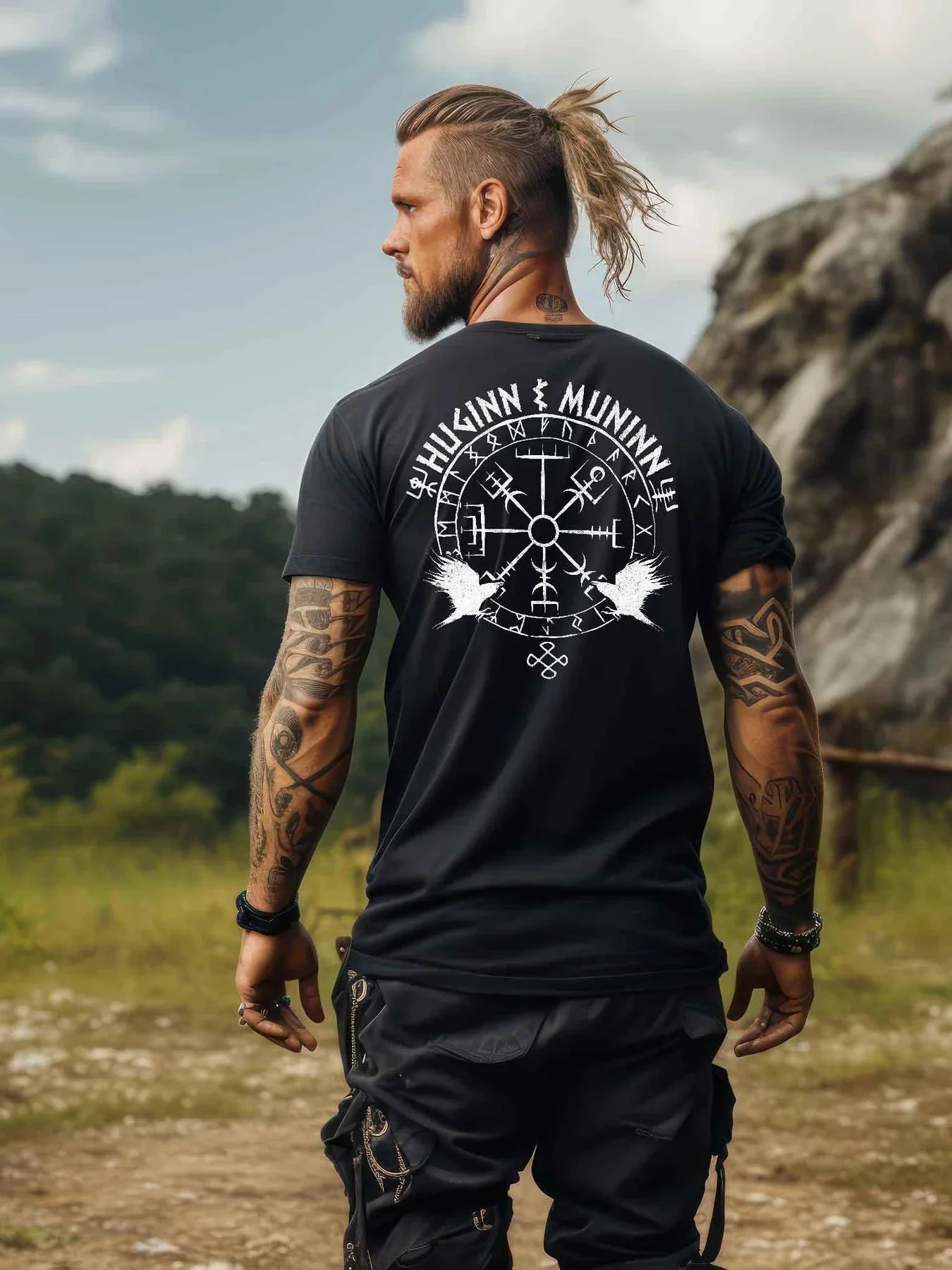 Odin Raven T-shirt | Hulin and Muning Viking Rune Circular Back Print, Nordic Viking Clothing Casual Men's Regular Edition
