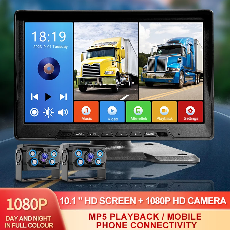 HD1080P Truck Dash Cam 10.1 Inch Car MP5 DVR 2CH Video Recorder Monitor with AHD Front Rear Parking Camera for Bus