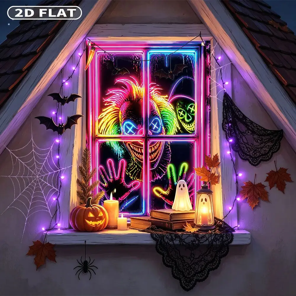 2D FLAT 1pc Party Window Cover Banner, with Neon Clown Face Pressing Against Window Pane, No Power Need Home Decor