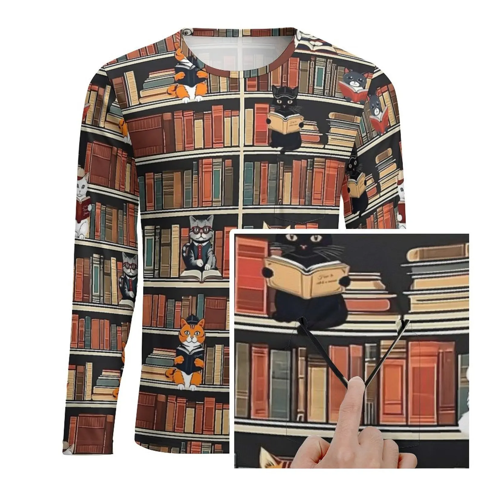 مكتبة القط الفن تي شيرت القطط والكتب رجل الموضة تي شيرت الربيع الجرافيك تيز كم طويل عادية المتضخم هدية عيد ميلاد