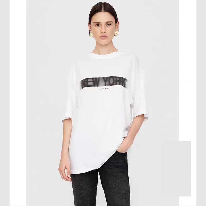 25 Early Spring NEW North American Niche AB Letters NEW YORK Printed White Women's Round Neck Cotton Short-sleeved T-shirt