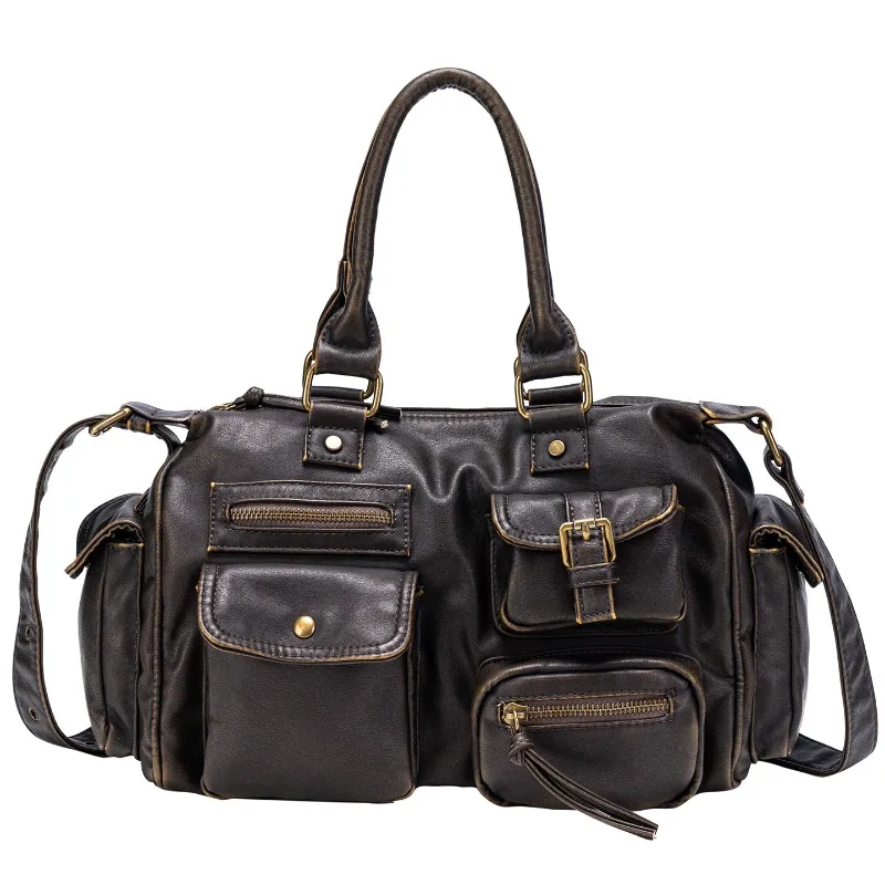 

Y2K Hot Girl Multi-pocket Workwear Style Shoulder Bag Large Capacity Retro Soft Washed Leather Motorcycle Street Handbag 2026