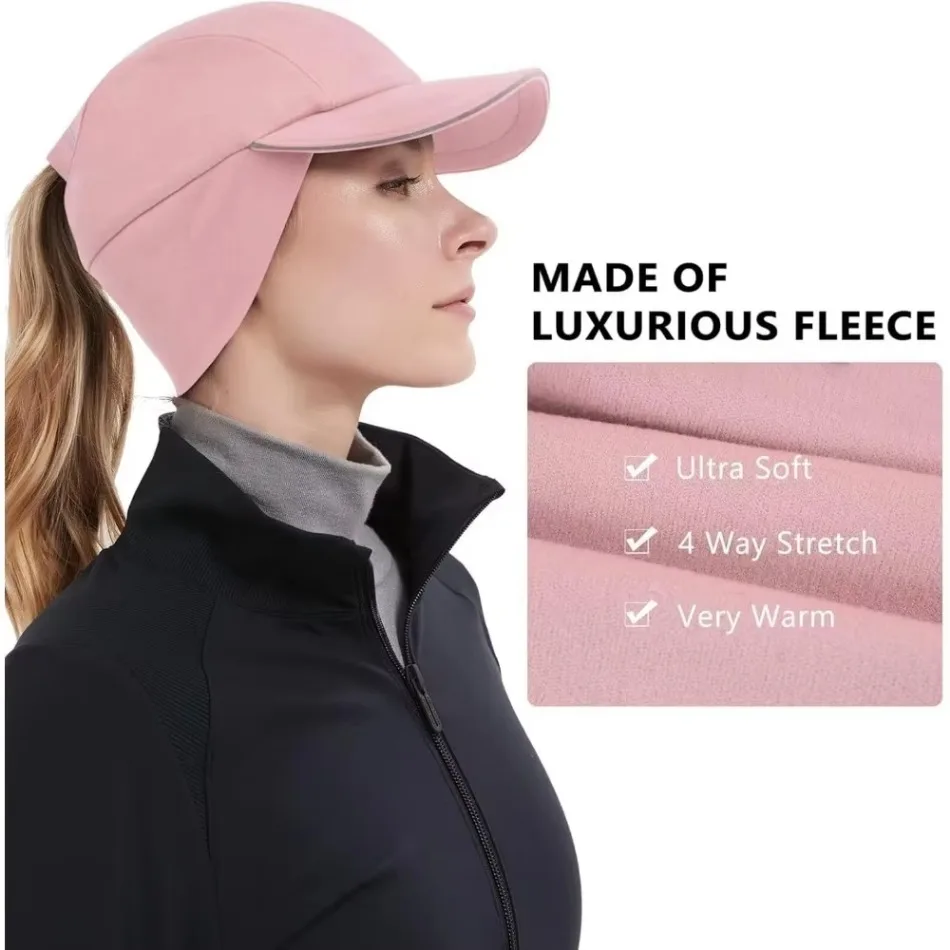 GADIEMKENSD Women's Winter Golf Hat - Reflective Fleece Ponytail Sports Running Caps with Drop Down Ear Warmer for Jogging M24