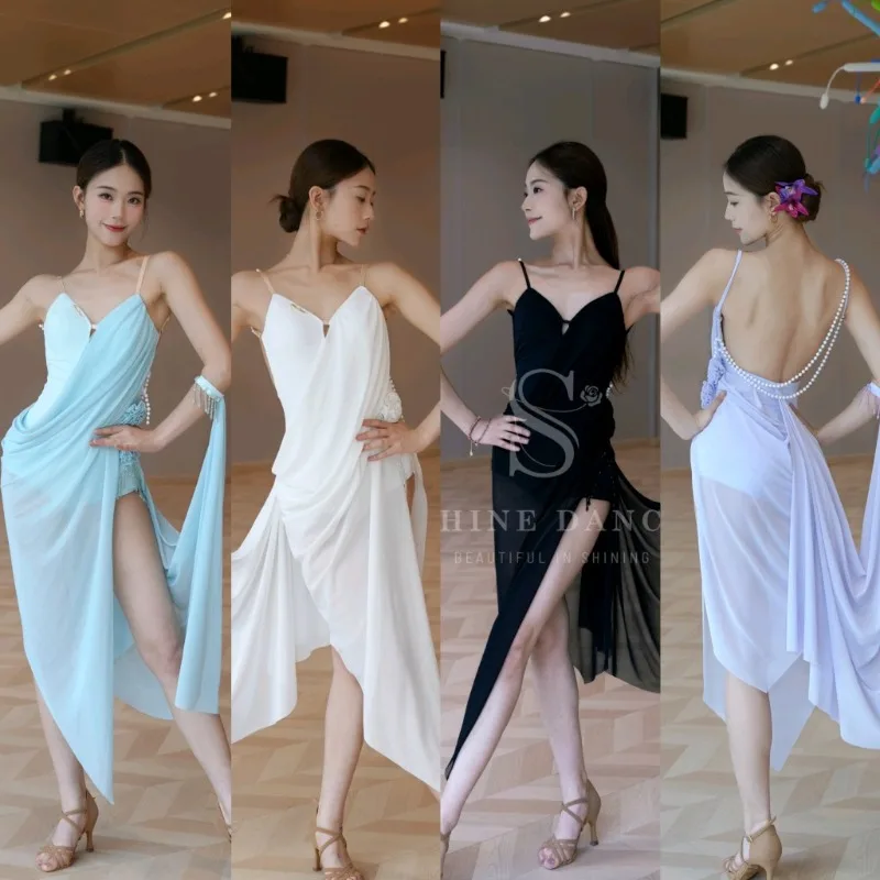 Abito da ballo latino standard personalizzato, completo da pratica, gonna da competizione, reggicalze, set da ragazza in filato galleggiante in rete di perle