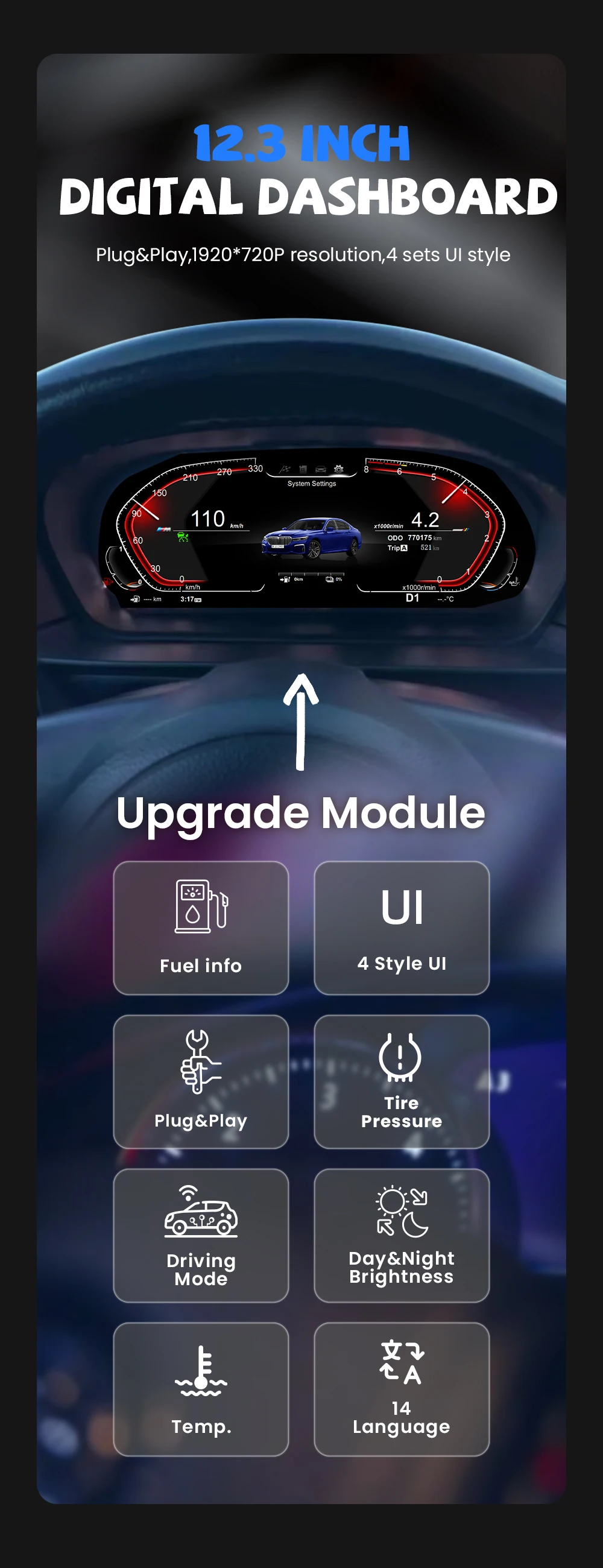 BONROAD Linux 12.3'' 1920*720P Car Dashboard Speedometer Pane Display For BMW F10 F11 F12 F18 Digital Instrument Cluster – Detail 1