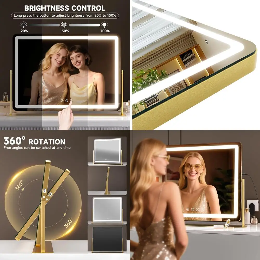 مرآة زينة LED مقاس 24 × 18 مع تكبير 5 مرات، وأضواء قابلة للتعتيم بثلاثة ألوان، وحامل هاتف ومنفذ شحن USB، 360 درجة ° قابل للدوران (ذهبي #1
