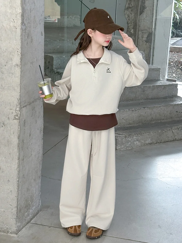 

Весенне-осенний детский повседневный комплект из двух предметов Spor, корейский свободный свитшот для больших детей, ансамбль для девочек