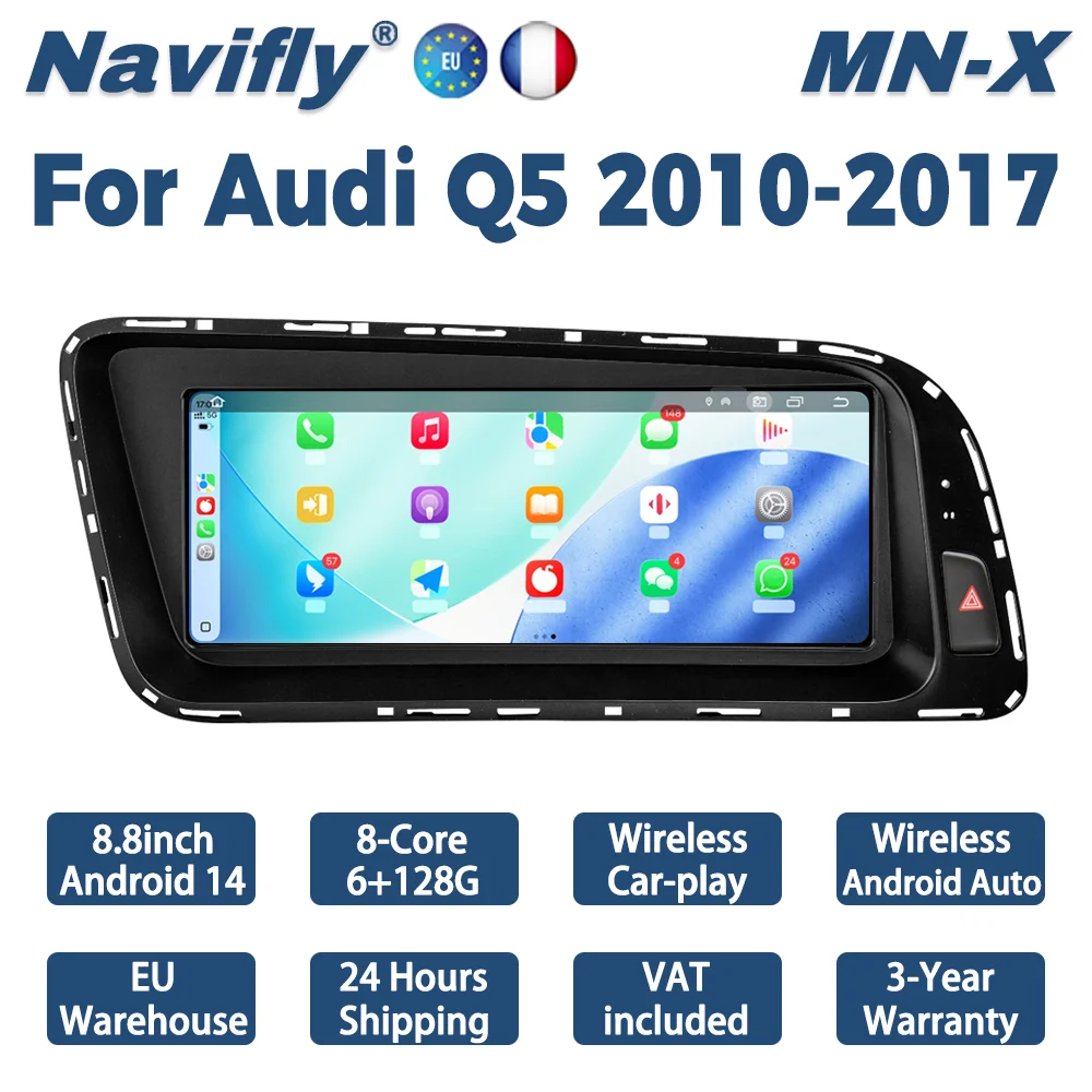 Écran multimédia sans fil Navifly 8,8 pouces CarPlay Android Auto pour Audi Q5 8R 2009-2017, autoradio Android 14