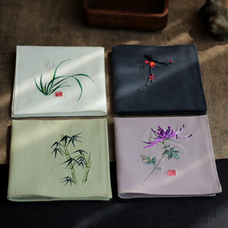 Chinese Style 100% Cotton Plum Orchid Bamboo Chrysanthemum Embroidered Unisex Handkerchief Absorbent Sweat Square Towel Unique
