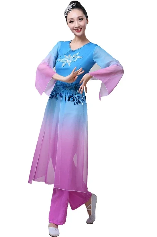 Trajes de mangas de agua con tinta degradada para mujer, ropa de danza clásica tradicional china, mangas largas, Hanfu, danza antigua para mujer