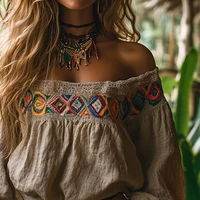 Blusa bohemia informal con hombros descubiertos y estampado Vintage para mujer, Blusa holgada de manga larga con retazos de encaje para vacaciones étnicas, Blusa femenina de otoño