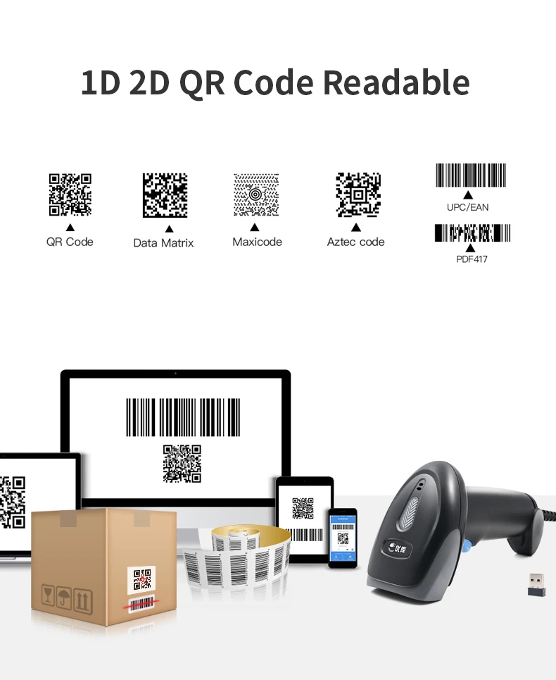 Wireless 1D 2D QR Barcode Scanner with Battery Level Indicator USB Digital Printed Bar Code Reader Plug Play Cordless Handheld