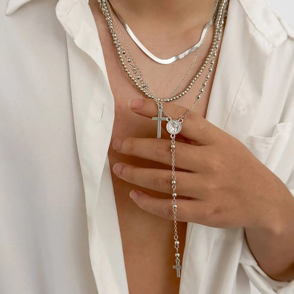 

SHIXIN 4 Pcs/Set Trendy Jesus Cross Pendant Necklace for Men Gothic Multilayer Flat Snake Chain Beads Choker Necklace Male Gift