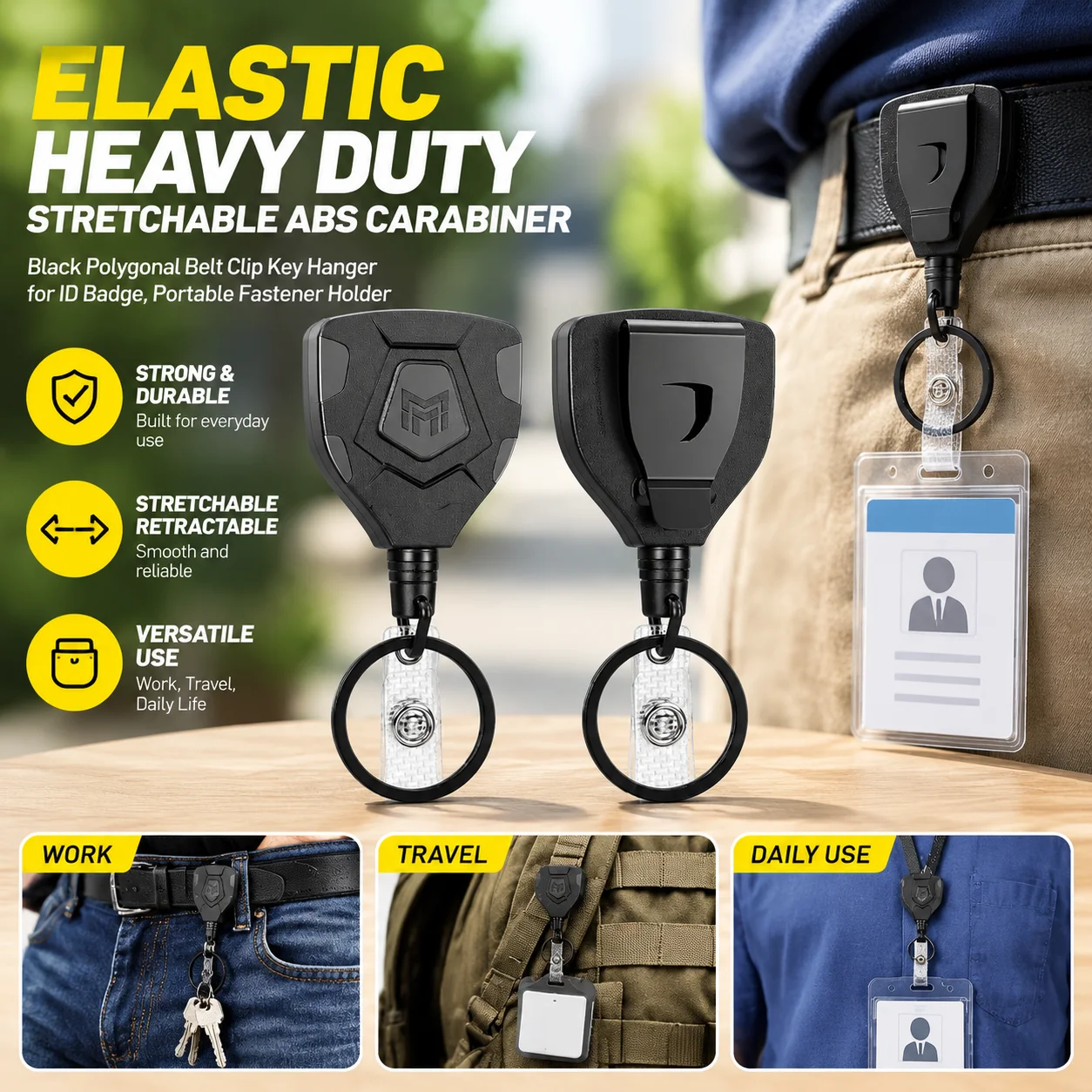 Elastic Heavy Duty Stretchable ABS Carabiner, Black Polygonal Belt Clip Key Hanger for ID Badge, Portable Fastener Holder
