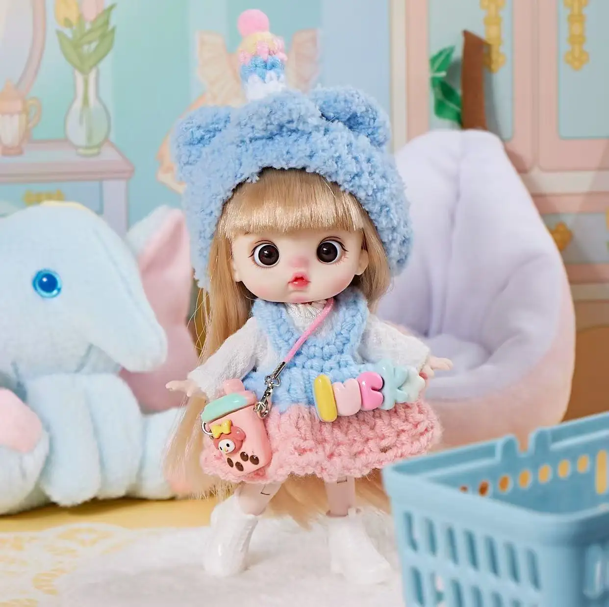Cute Big Eyed Jointed Doll With Braided Hair Fashion Casual Suit Knitted Cap Play Toy For Kids Birthday Holiday Present