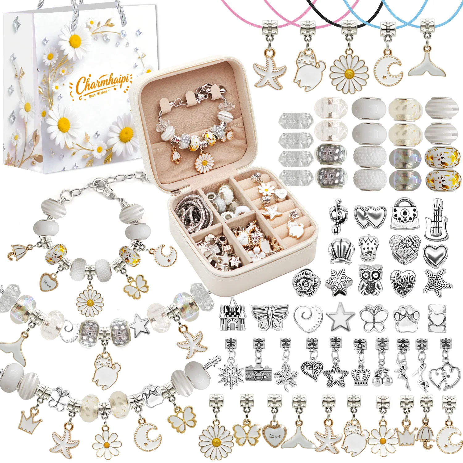 New 68Pcs White Daisy Flower Charm Bracelet Neckalce Jewelry DIY Making Kit Set With Charms Pendants for For Girls Women Gifts